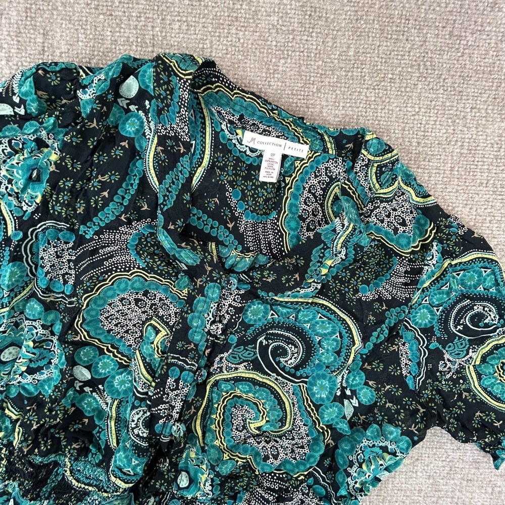 JM‎ Collection Blouse Top Womens 12P Teal Black Paisley Tie Waist Button Front
